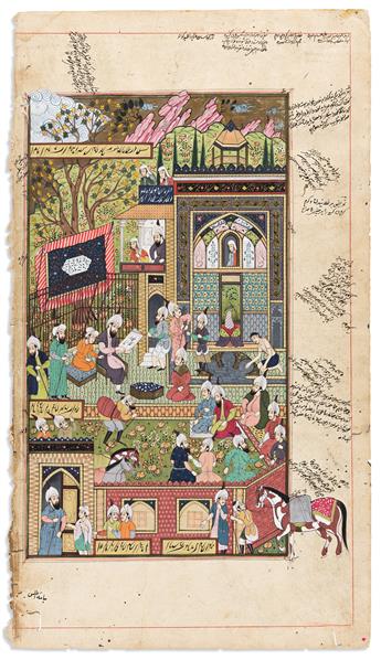 Persian Manuscript Leaf with Painted Miniature. Safavid Dynasty Court Scene.